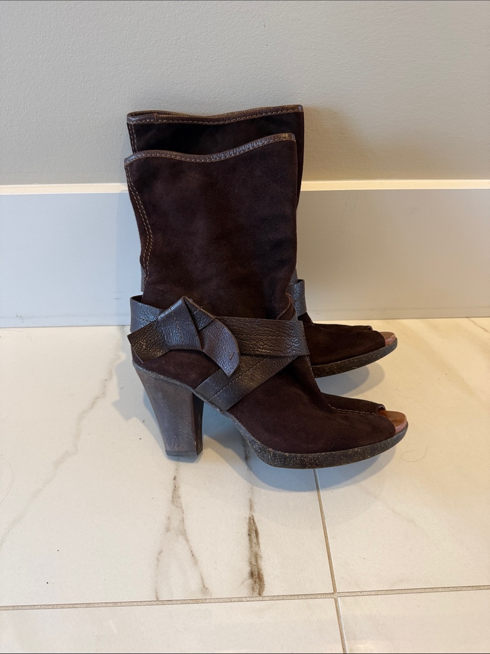 Naya Dark Brown Suede Peep-Toe Heeled Boots